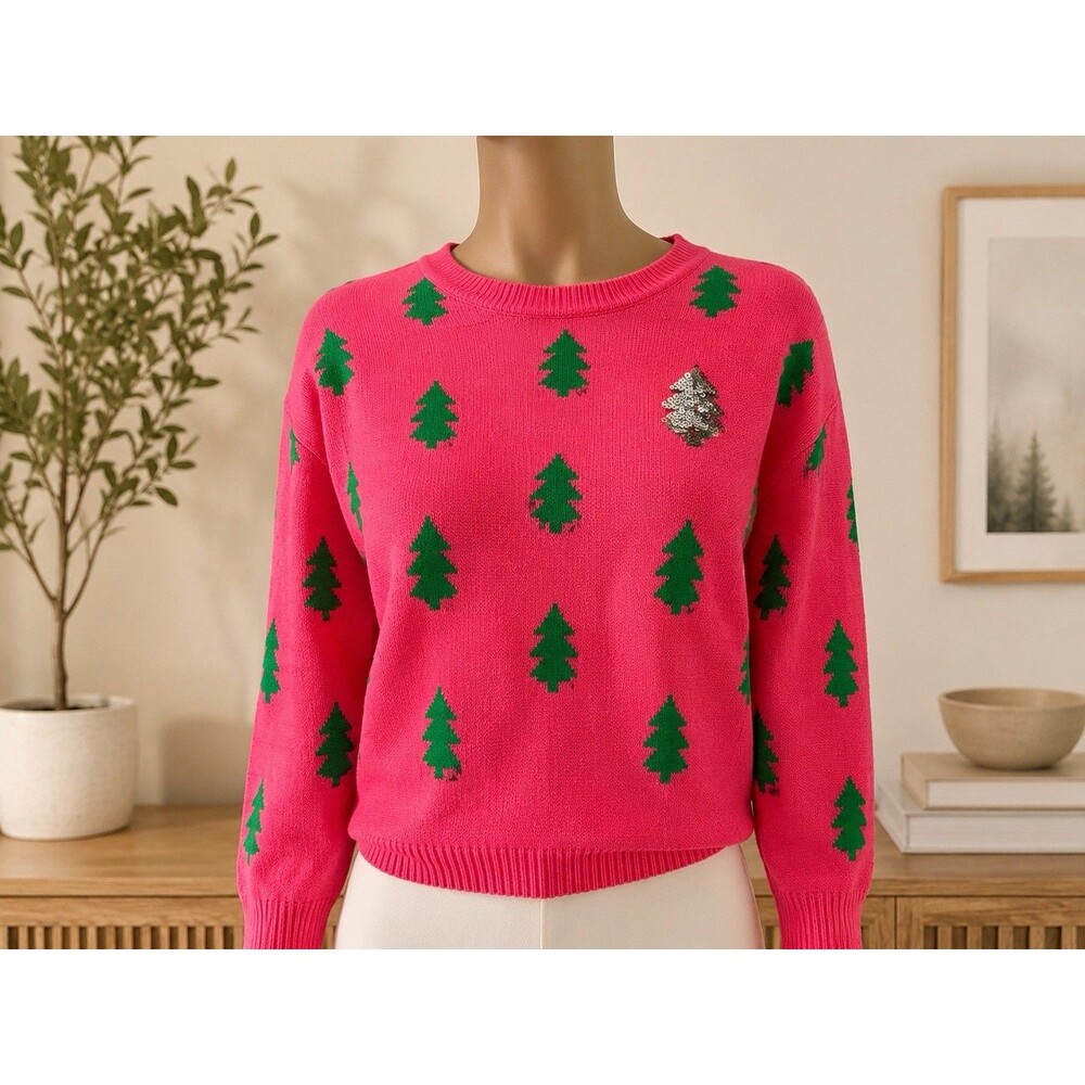 SUGARLIPS Womens Pink Knit Sequin Crew Neck Pullover Sweater Christmas Tree 1X